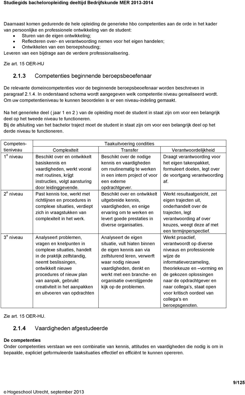 verdere professionalisering. Zie art. 15 OER-HU 2.1.3 Competenties beginnende beroepsbeoefenaar De relevante domeincompetenties voor de beginnende beroepsbeoefenaar worden beschreven in paragraaf 2.1.4.