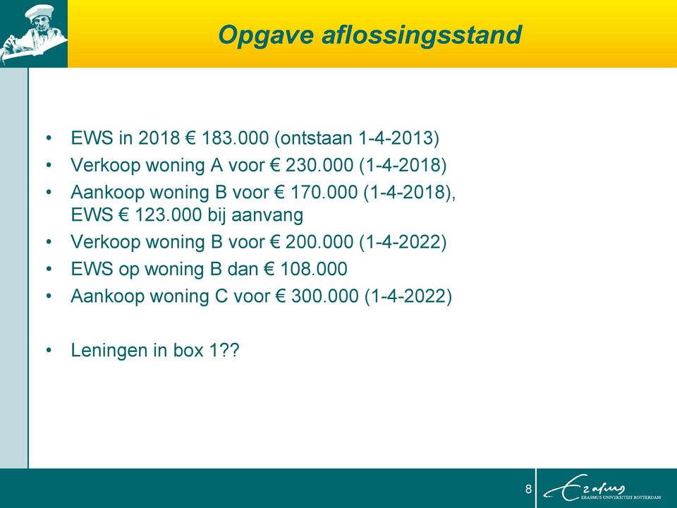 000 (1-4-2018) Aankoop woning B voor 170.000 (1-4-2018), EWS 123.