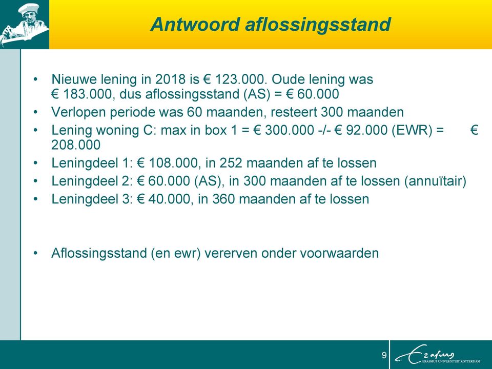 000 (EWR) = 208.000 Leningdeel 1: 108.000, in 252 maanden af te lossen Leningdeel 2: 60.