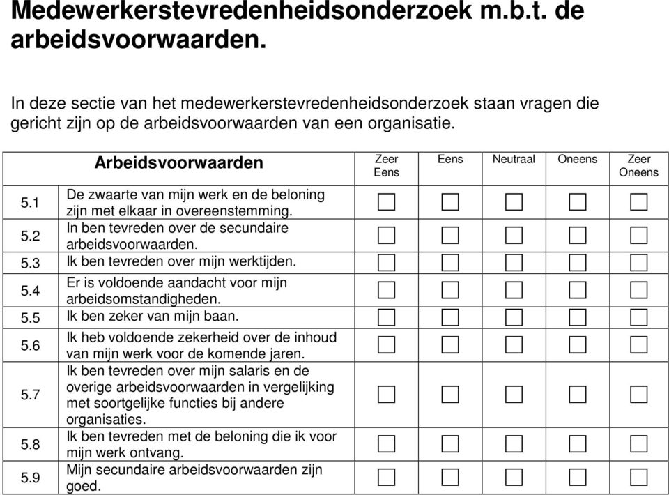 5.5 Ik ben zeker van mijn baan. 5.6 Ik heb voldoende zekerheid over de inhoud van mijn werk voor de komende jaren. Ik ben tevreden over mijn salaris en de 5.