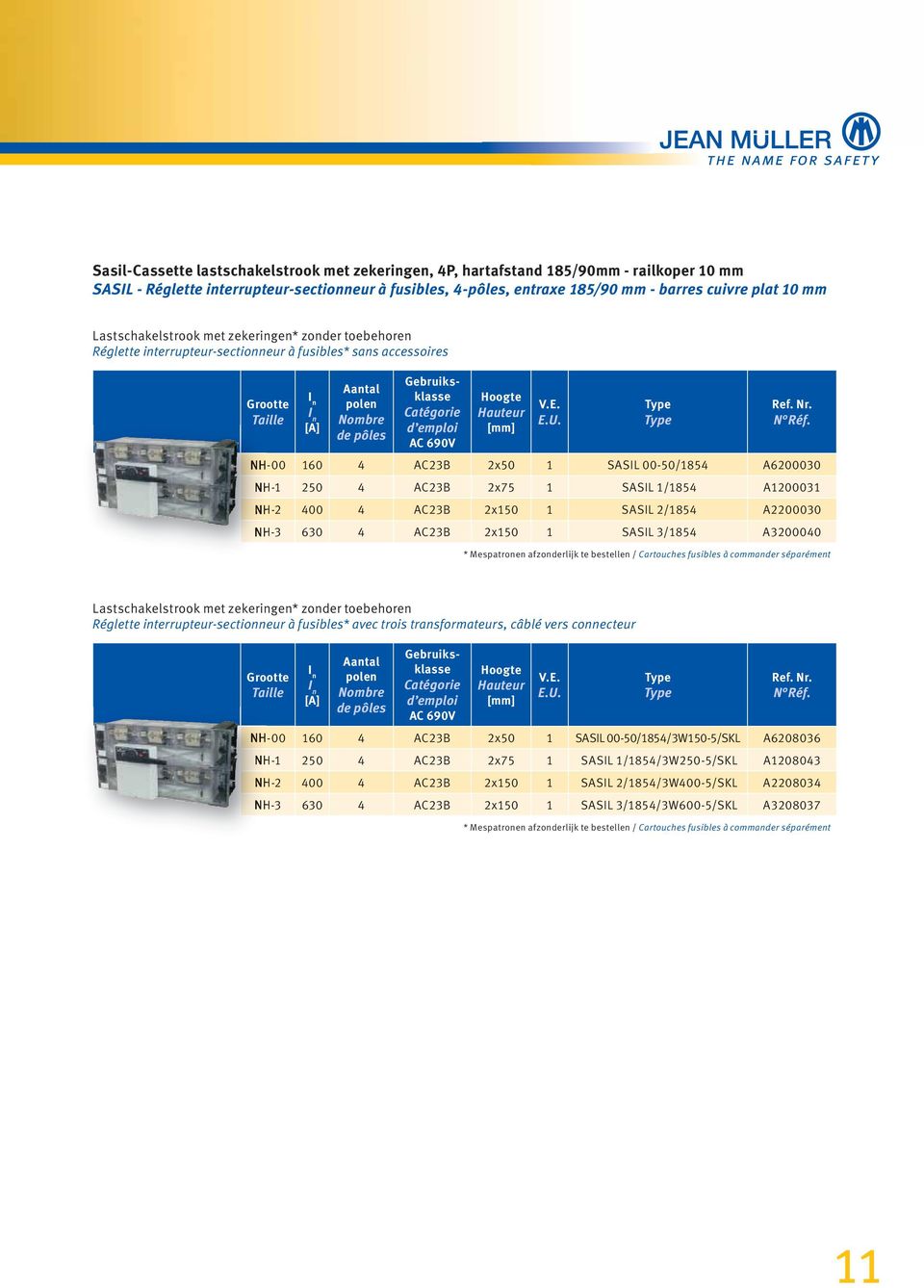 690V Hoogte Hauteur [mm] NH-00 160 4 AC23B 2x50 1 SASIL 00-501854 A6200030 NH-1 250 4 AC23B 2x75 1 SASIL 11854 A1200031 NH-2 400 4 AC23B 2x150 1 SASIL 21854 A2200030 NH-3 630 4 AC23B 2x150 1 SASIL