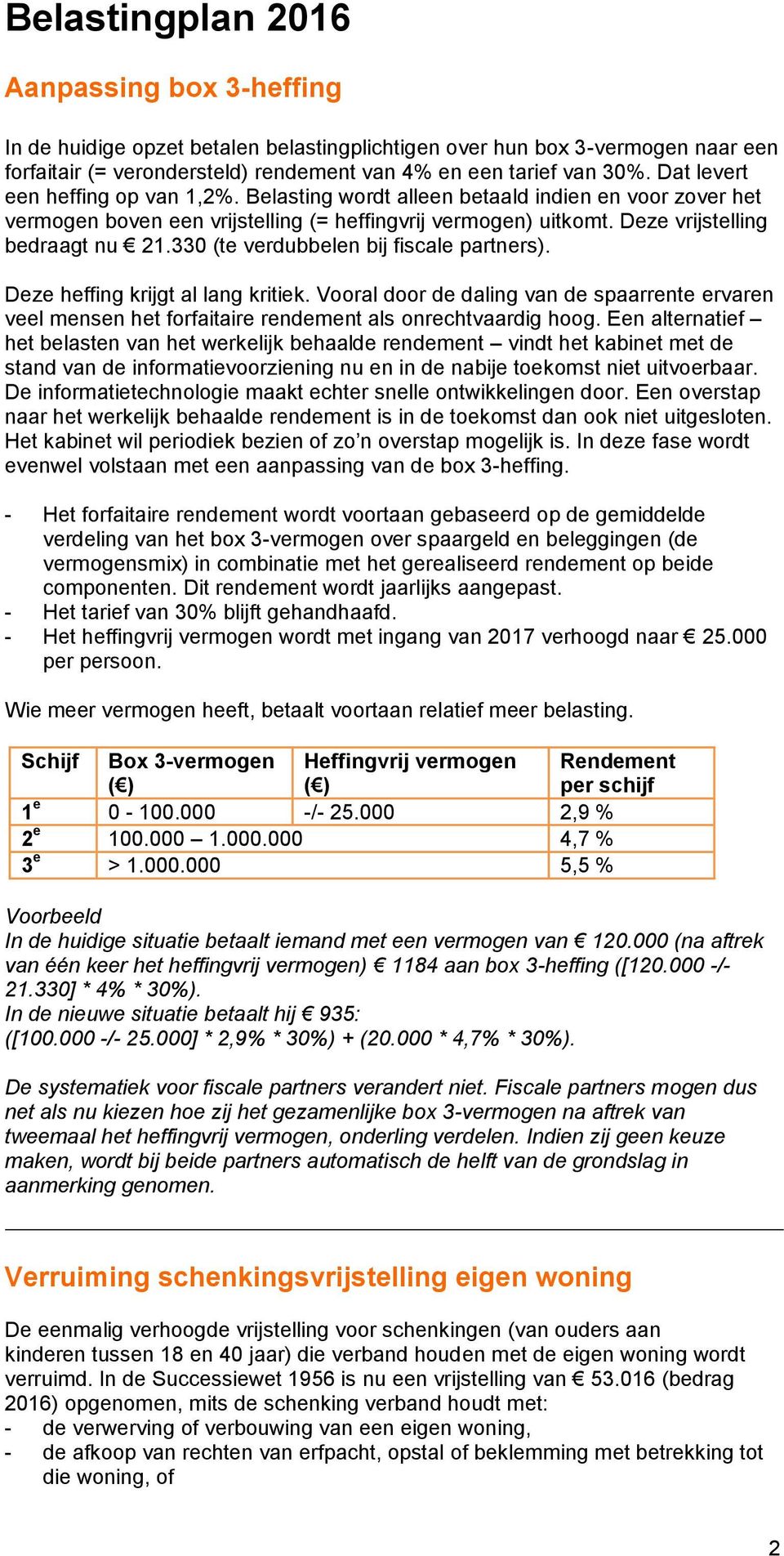 330 (te verdubbelen bij fiscale partners). Deze heffing krijgt al lang kritiek. Vooral door de daling van de spaarrente ervaren veel mensen het forfaitaire rendement als onrechtvaardig hoog.