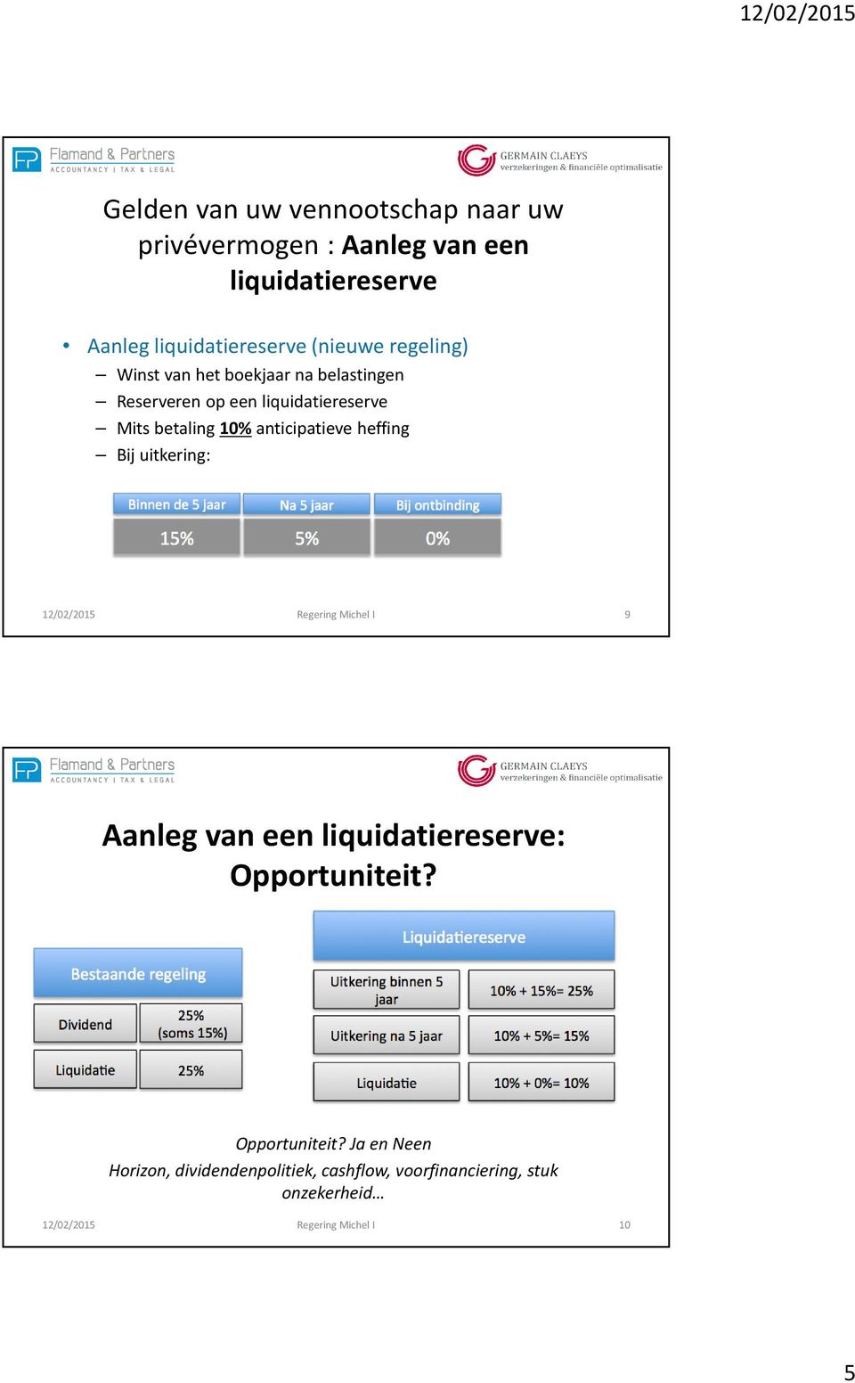 heffing Bij uitkering: 12/02/2015 Regering Michel I 9 Aanleg van een liquidatiereserve: Opportuniteit?