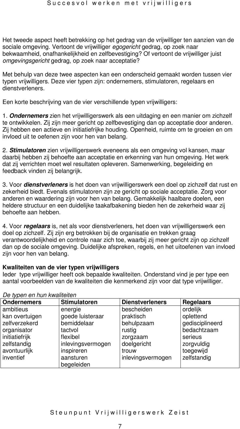 Met behulp van deze twee aspecten kan een onderscheid gemaakt worden tussen vier typen vrijwilligers. Deze vier typen zijn: ondernemers, stimulatoren, regelaars en dienstverleners.