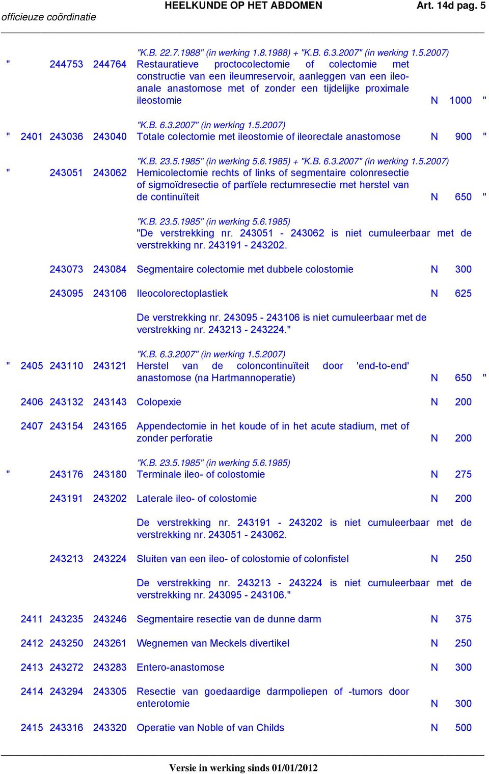 2007) " 244753 244764 Restauratieve proctocolectomie of colectomie met constructie van een ileumreservoir, aanleggen van een ileoanale anastomose met of zonder een tijdelijke proximale ileostomie N