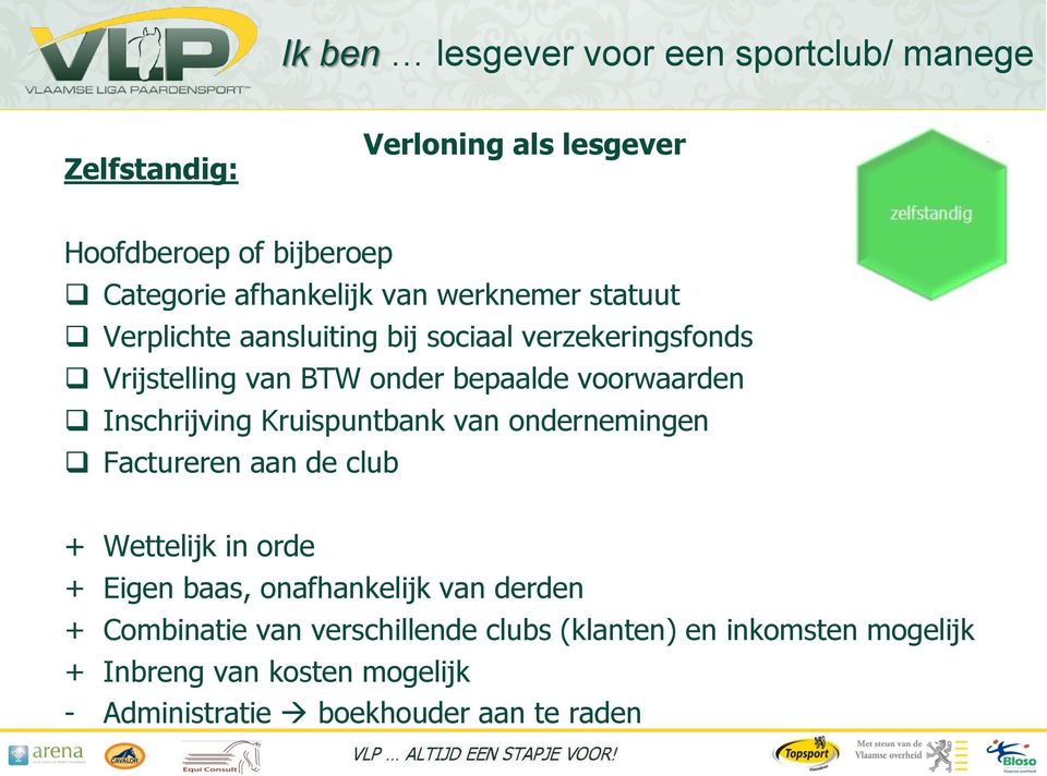 ondernemingen Factureren aan de club + Wettelijk in orde + Eigen baas, onafhankelijk van derden + Combinatie