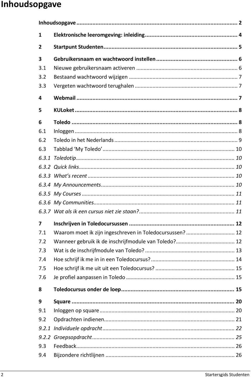 .. 10 6.3.3 What s recent... 10 6.3.4 My Announcements... 10 6.3.5 My Courses... 11 6.3.6 My Communities... 11 6.3.7 Wat als ik een cursus niet zie staan?... 11 7 Inschrijven in Toledocursussen... 12 7.