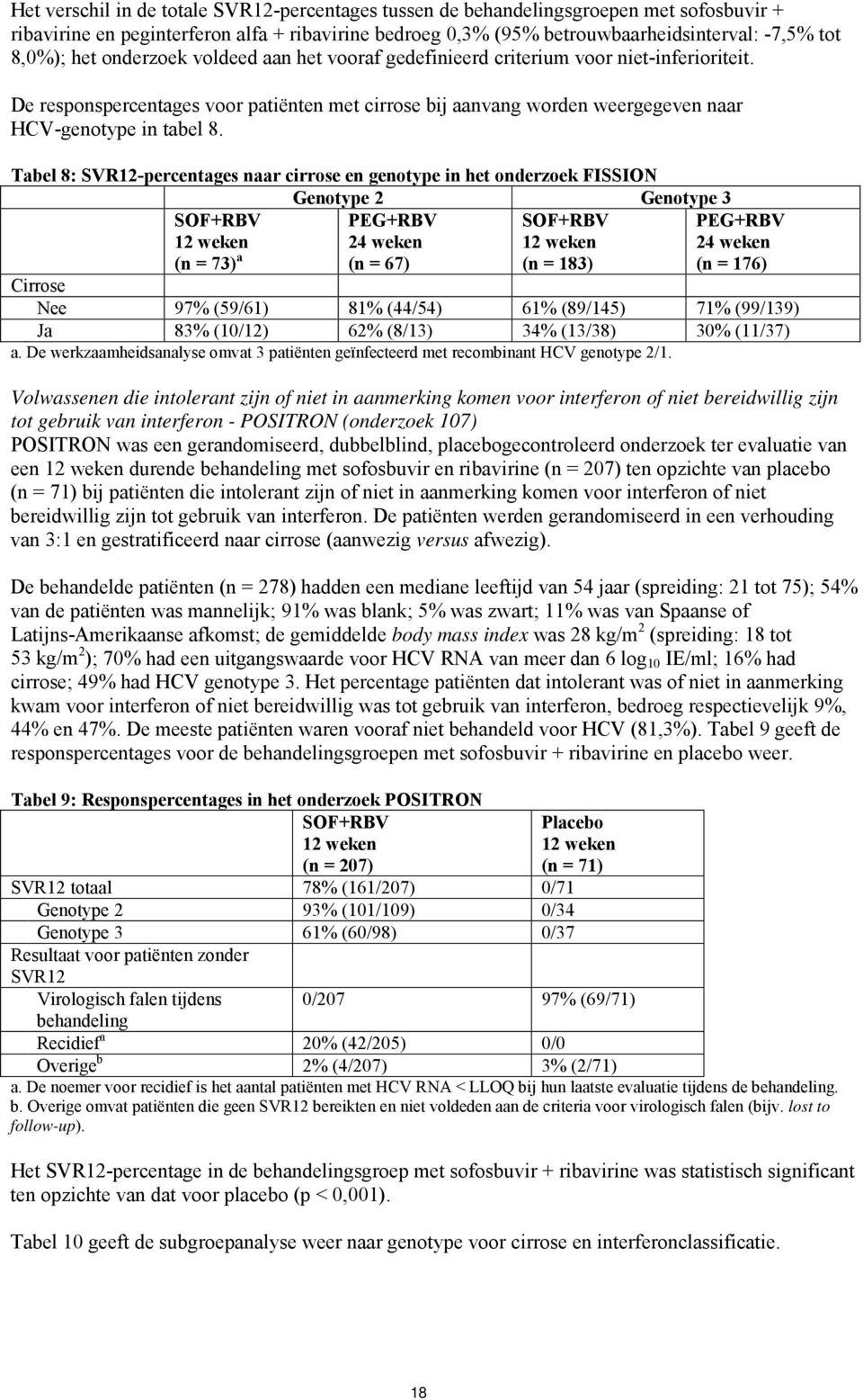 Tabel 8: SVR12-percentages naar cirrose en genotype in het onderzoek FISSION Genotype 2 Genotype 3 SOF+RBV 12 weken (n = 73) a PEG+RBV 24 weken (n = 67) SOF+RBV 12 weken (n = 183) PEG+RBV 24 weken (n