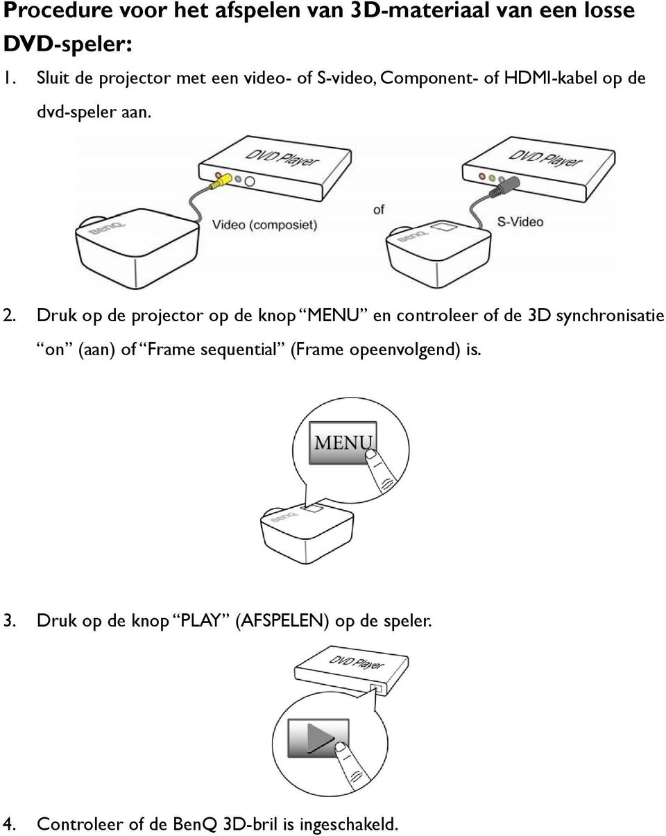 Druk op de projector op de knop MENU en controleer of de 3D synchronisatie on (aan) of Frame