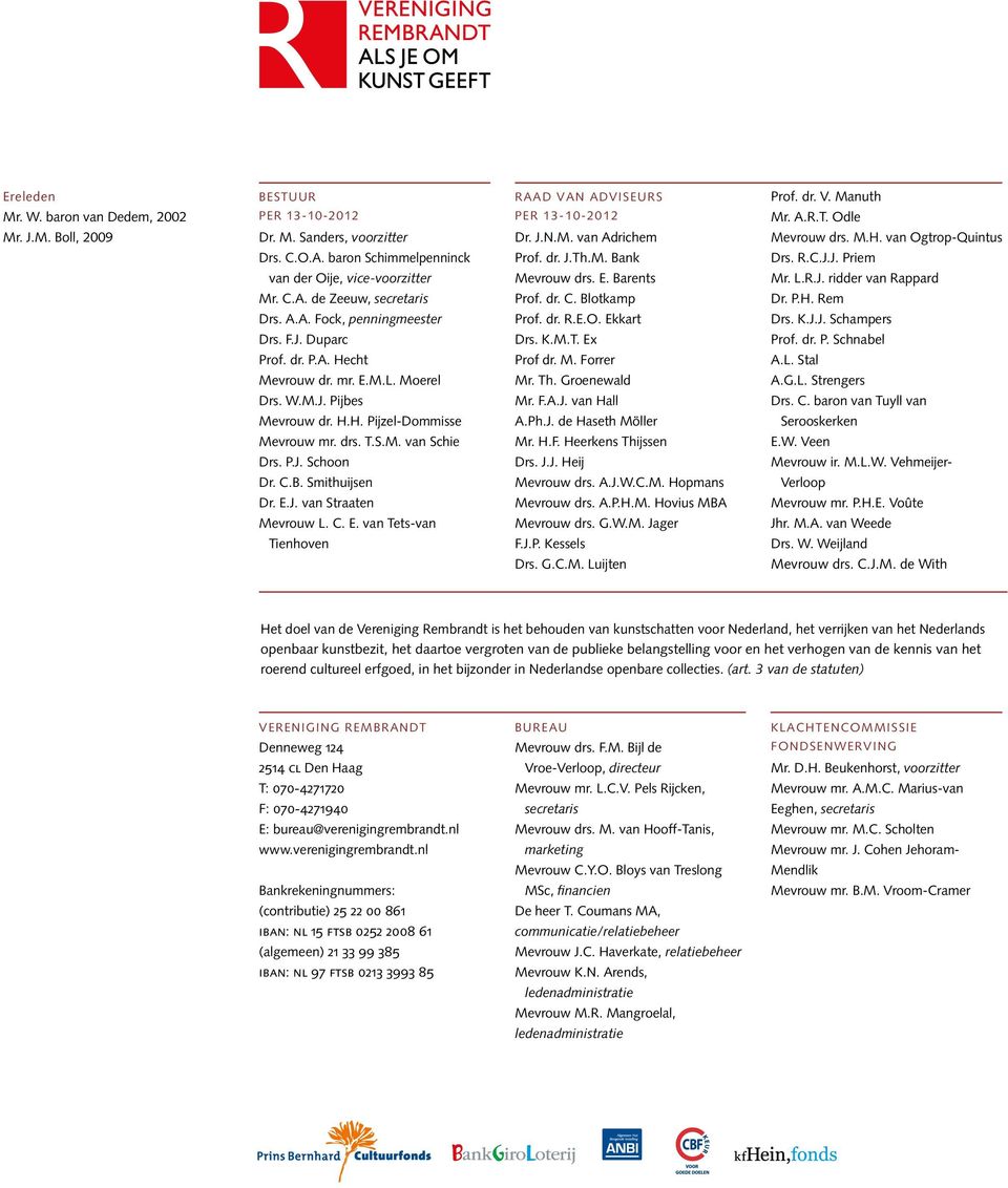 dr. C. Blotkamp Dr. P.H. Rem Drs. A.A. Fock, penningmeester Prof. dr. R.E.O. Ekkart Drs. K.J.J. Schampers Drs. F.J. Duparc Drs. K.M.T. Ex Prof. dr. P. Schnabel Prof. dr. P.A. Hecht Prof dr. M.