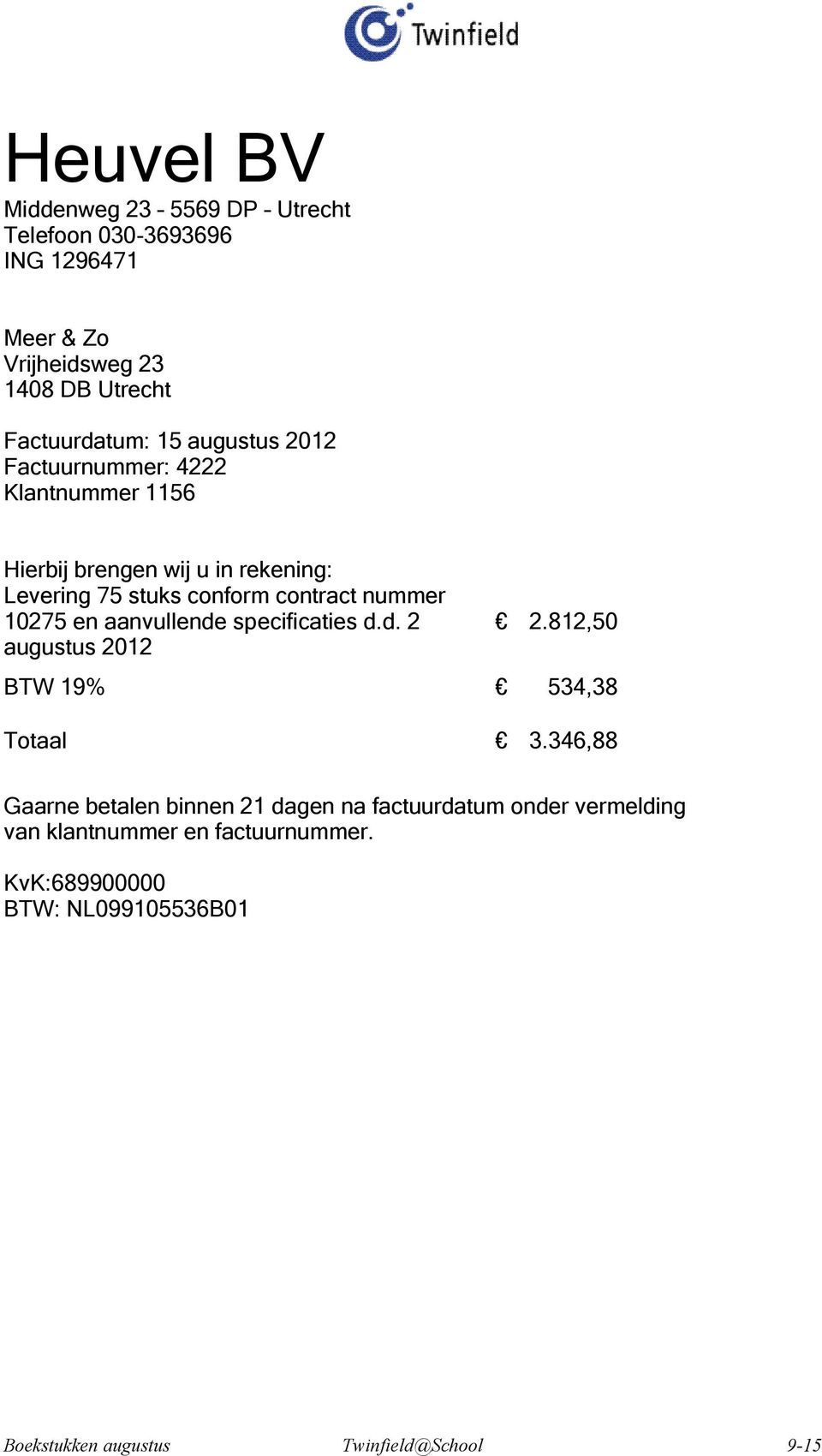 aanvullende specificaties d.d. 2 augustus 2012 2.812,50 BTW 19% 534,38 Totaal 3.