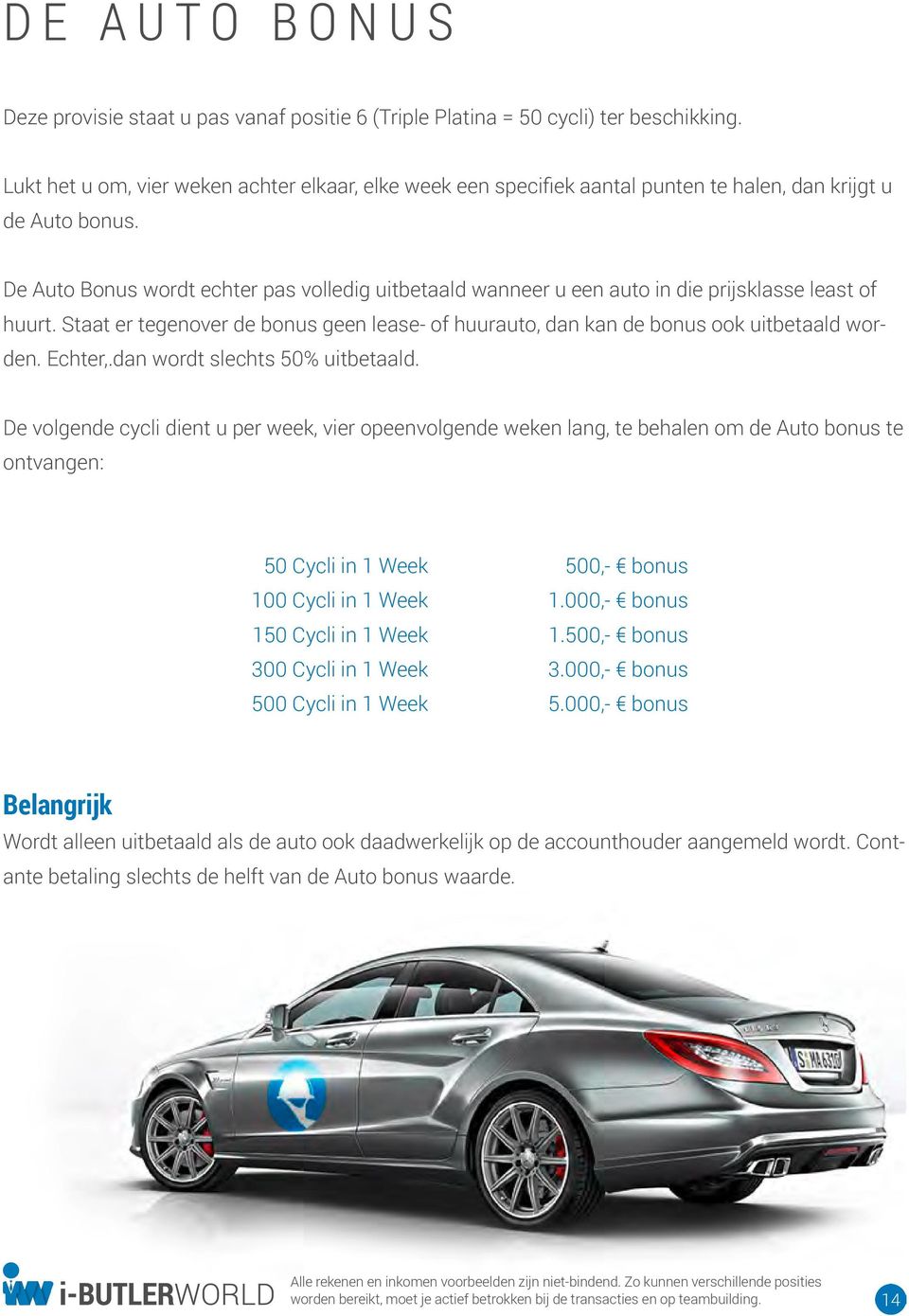 De Auto Bonus wordt echter pas volledig uitbetaald wanneer u een auto in die prijsklasse least of huurt. Staat er tegenover de bonus geen lease of huurauto, dan kan de bonus ook uitbetaald worden.