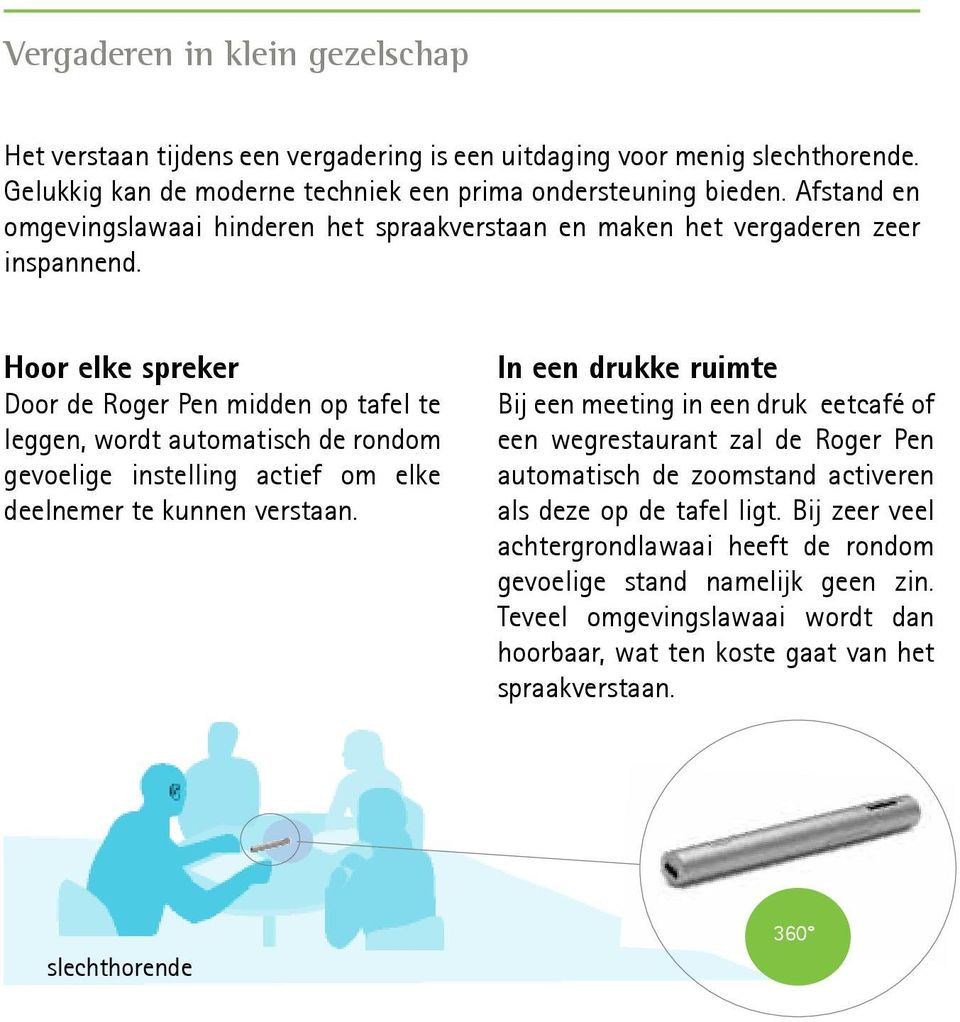 Hoor elke spreker Door de Roger Pen midden op tafel te leggen, wordt automatisch de rondom gevoelige instelling actief om elke deelnemer te kunnen verstaan.