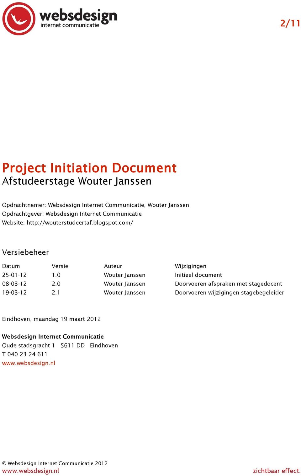 0 Wouter Janssen Initieel document 08-03-12 2.0 Wouter Janssen Doorvoeren afspraken met stagedocent 19-03-12 2.