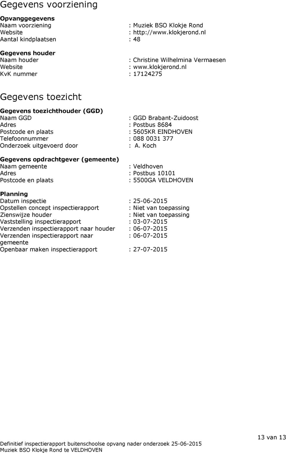 nl KvK nummer : 17124275 Gegevens toezicht Gegevens toezichthouder (GGD) Naam GGD : GGD Brabant-Zuidoost Adres : Postbus 8684 Postcode en plaats : 5605KR EINDHOVEN Telefoonnummer : 088 0031 377
