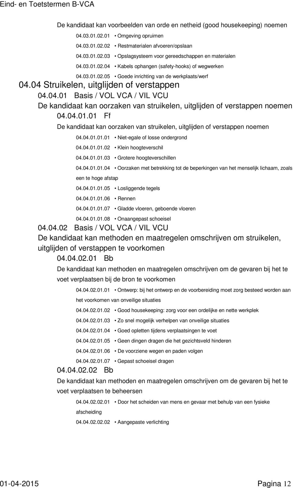 04.01.01 Ff De kandidaat kan oorzaken van struikelen, uitglijden of verstappen noemen 04.04.01.01.01 Niet-egale of losse ondergrond 04.04.01.01.02 Klein hoogteverschil 04.04.01.01.03 Grotere hoogteverschillen 04.