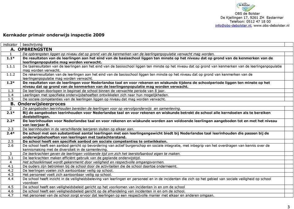 1* De resultaten van de leerlingen aan het eind van de basisschool liggen ten minste op het niveau dat op grond van de kenmerken van de leerlingenpopulatie mag worden verwacht. 1.1.1 De taalresultaten van de leerlingen aan het eind van de basisschool liggen ten minste op het niveau dat op grond van kenmerken van de leerlingenpopulatie mag worden verwacht.