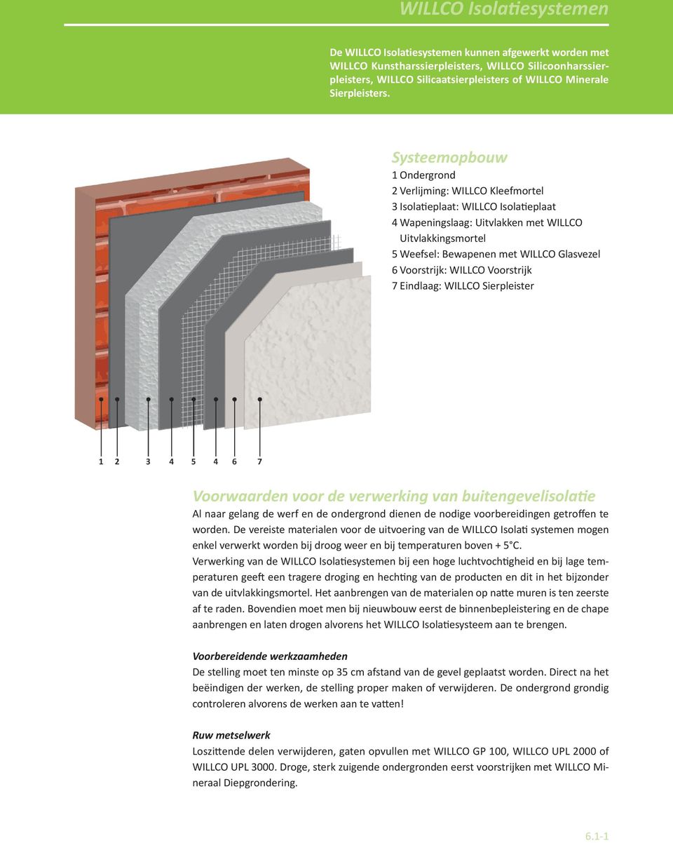 Systeemopbouw 1 Ondergrond 2 Verlijming: WILLCO Kleefmortel 3 Isolatieplaat: WILLCO Isolatieplaat 4 Wapeningslaag: Uitvlakken met WILLCO Uitvlakkingsmortel 5 Weefsel: Bewapenen met WILLCO Glasvezel 6