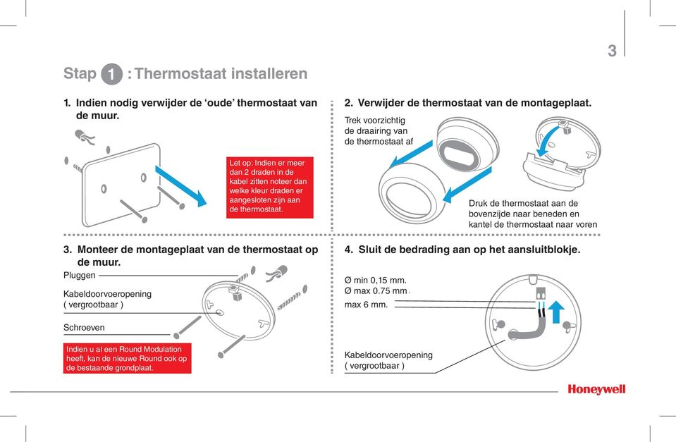 Pluggen Kabeldoorvoeropening ( vergrootbaar ) 2. Verwijder de thermostaat van de montageplaat. Trek voorzichtig de draairing van de thermostaat af 4.