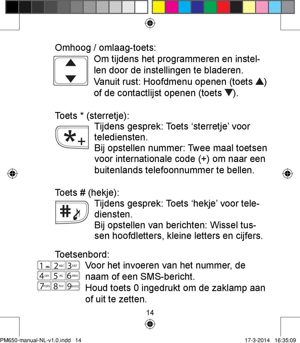 0 Bij opstellen nummer: Twee maal toetsen voor internationale code (+) om naar een buitenlands telefoonnummer te bellen. Toets # (hekje): Tijdens gesprek: Toets hekje voor telediensten.