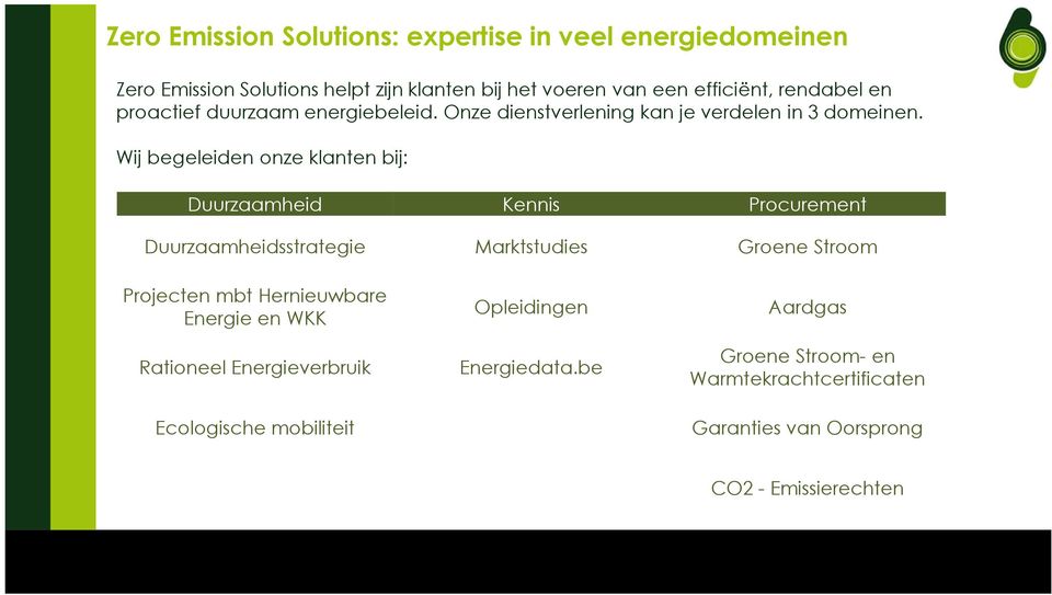 Wij begeleiden onze klanten bij: Duurzaamheid Kennis Procurement Duurzaamheidsstrategie Marktstudies Groene Stroom Projecten mbt