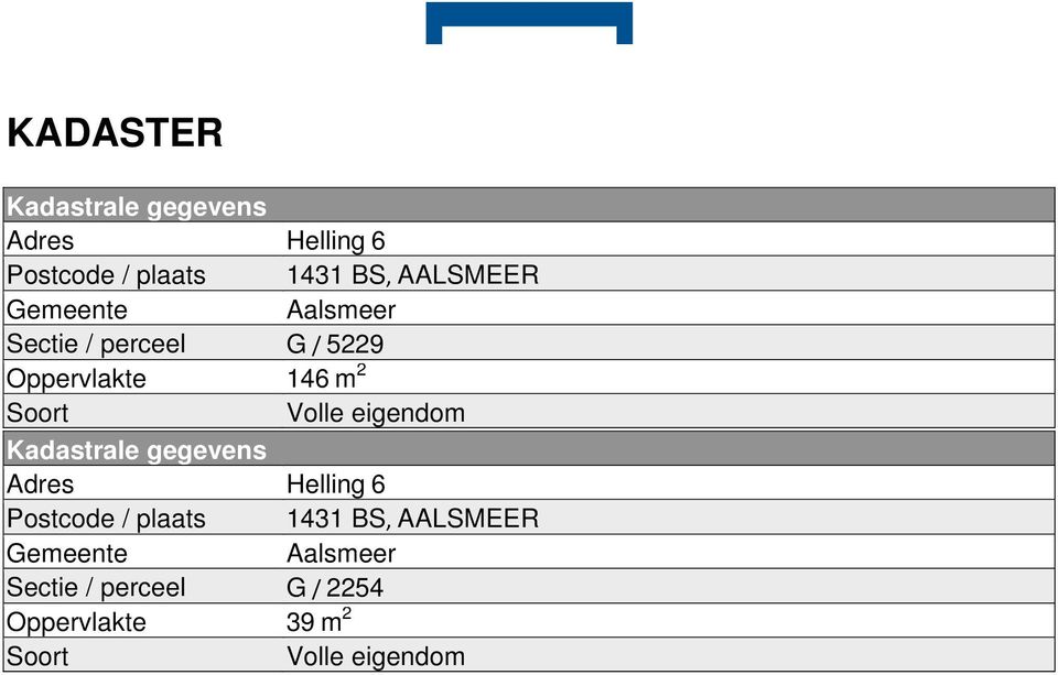 eigendom Kadastrale gegevens Adres Helling 6 Postcode / plaats 1431 BS, AALSMEER