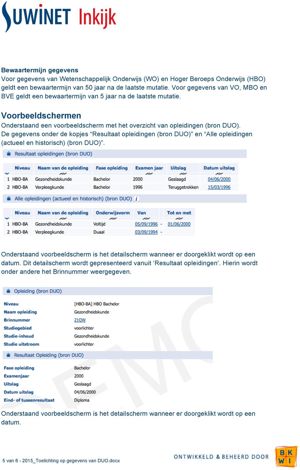 De gegevens onder de kopjes Resultaat opleidingen (bron DUO) en Alle opleidingen (actueel en historisch) (bron DUO).