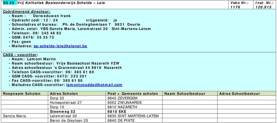 be - Naam: Lamont Martin - Naam schoolbestuur: Vrije Basisschool Nazareth VZW - Adres schoolbestuur s Gravenstraat 44 9810 Nazareth - Telefoon CASS-voorzitter: 09/ 385 61 80 - GSM CASS- voorzitter: