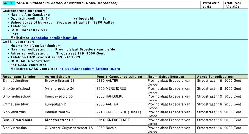 be - Naam: Kris Van Landeghem - Naam schoolbestuur: : Provincialaat Broeders van - Adres schoolbestuur: Stropstraat 119 9000 Gent - Telefoon CASS-voorzitter: 09/2411979 - GSM CASS- voorzitter: - Fax