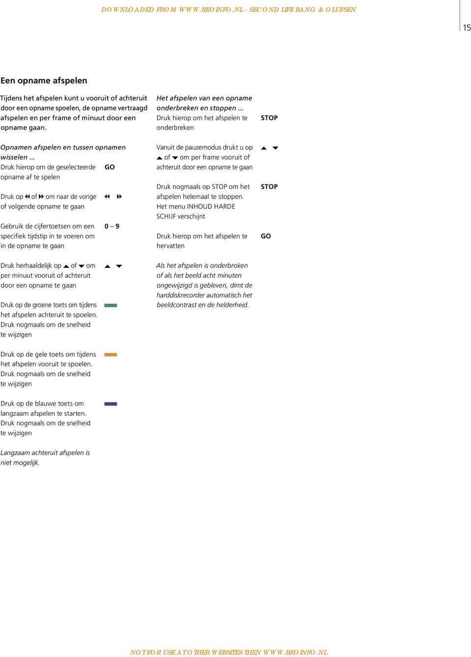 .. Druk hierop om de geselecteerde GO opname af te spelen Druk op of om naar de vorige of volgende opname te gaan Gebruik de cijfertoetsen om een specifiek tijdstip in te voeren om in de opname te