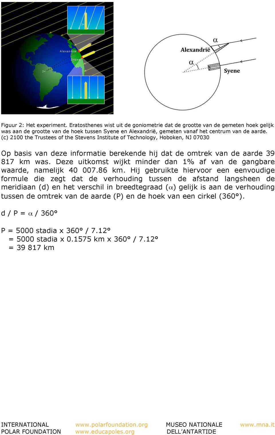 (c) 2100 the Trustees of the Stevens Institute of Technology, Hoboken, NJ 07030 Op basis van deze informatie berekende hij dat de omtrek van de aarde 39 817 km was.