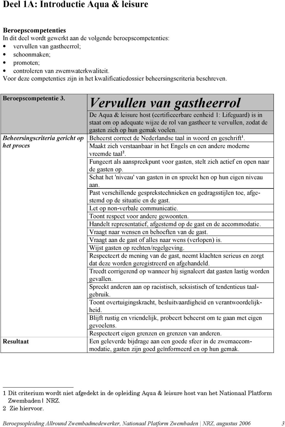 Vervullen van gastheerrol De Aqua & leisure host (certificeerbare eenheid 1: Lifeguard) is in staat om op adequate wijze de rol van gastheer te vervullen, zodat de gasten zich op hun gemak voelen.