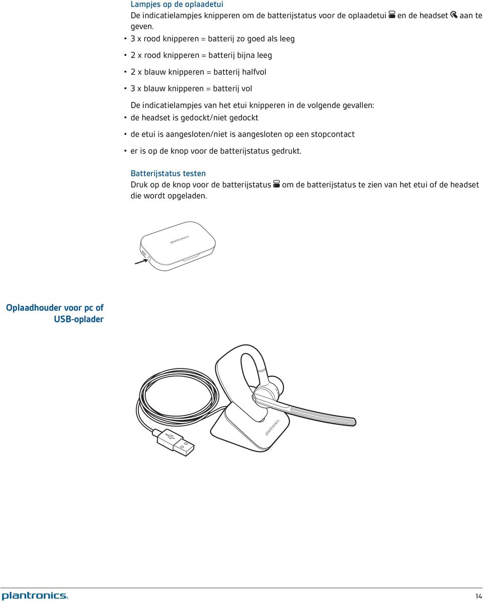 indicatielampjes van het etui knipperen in de volgende gevallen: de headset is gedockt/niet gedockt de etui is aangesloten/niet is aangesloten op een stopcontact er is