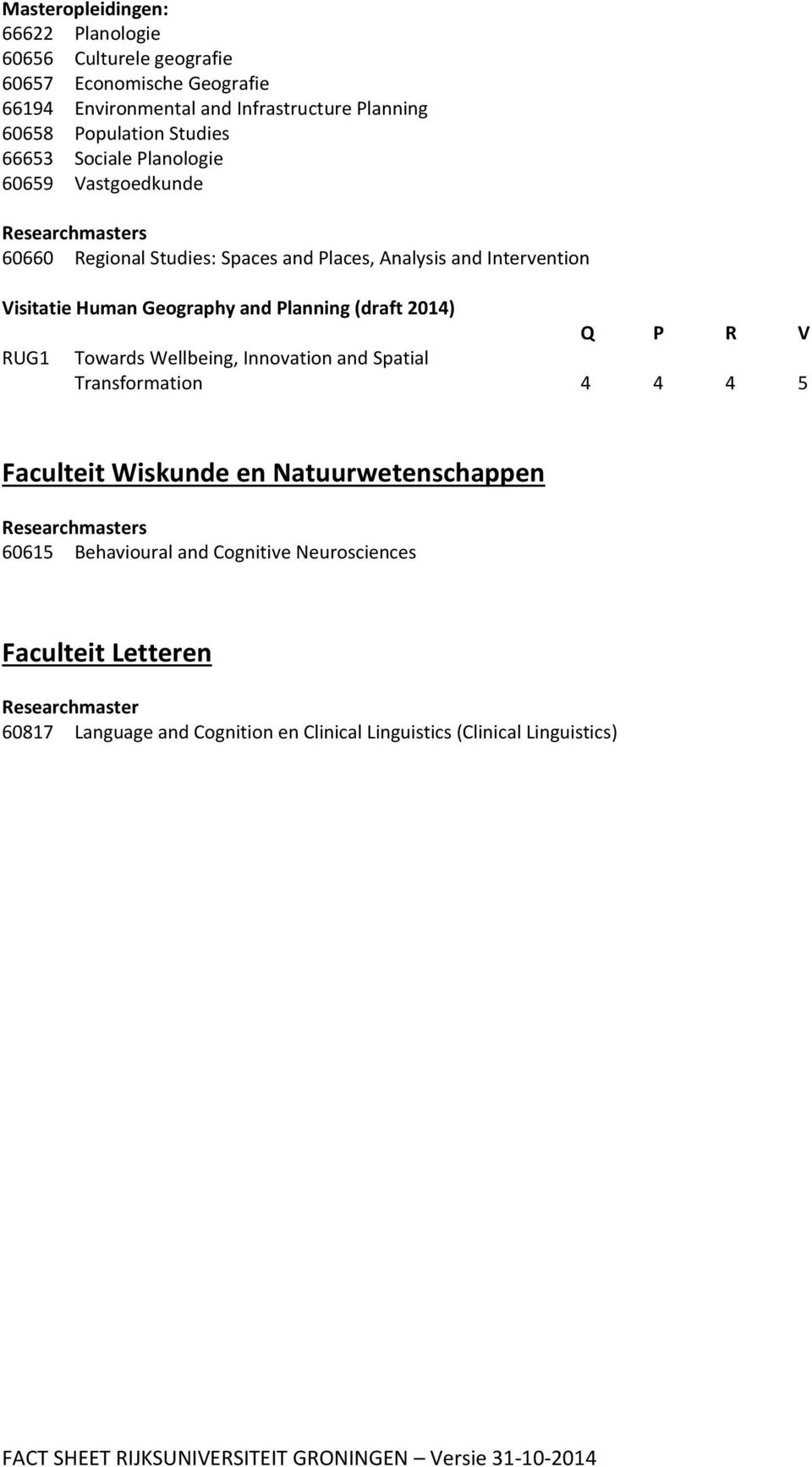 2014) Q P R V RUG1 Towards Wellbeing, Innovation and Spatial Transformation 4 4 4 5 Faculteit Wiskunde en Natuurwetenschappen Researchmasters 60615 Behavioural and Cognitive
