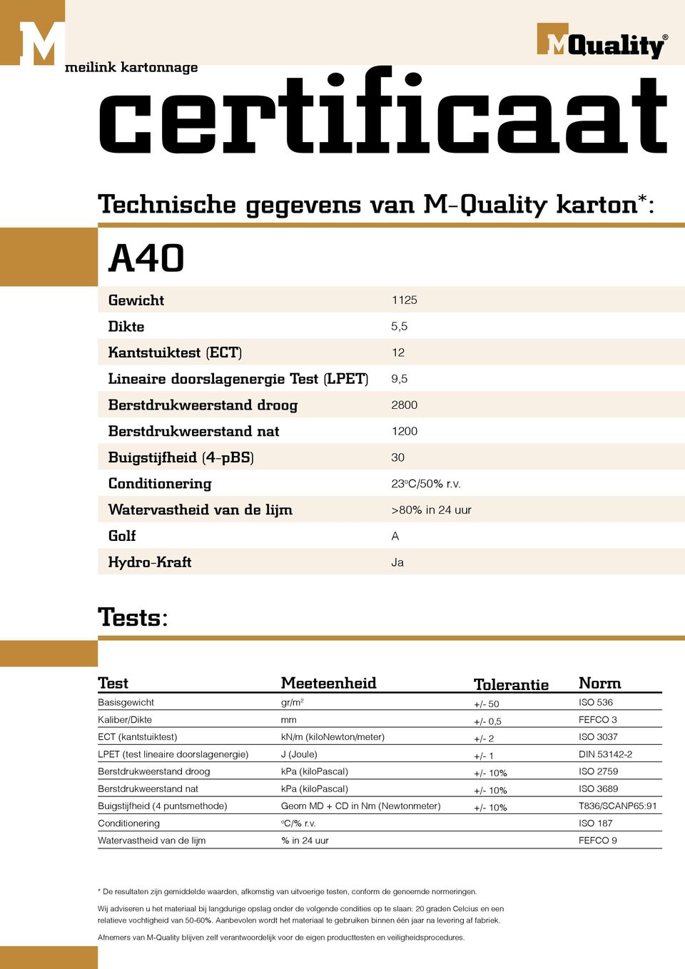 Tolerantie +/- 50 Norm ISO 536 Kaliber/Dikte mm +/- 0,5 FEFCO 3 ECT (kantstuiktest) kn/m (kilonewton/meter) +/- 2 ISO 3037 LPET (test lineaire doorslagenergie) J (Joule) +/- 1 DIN 53142-2 ISO 2759