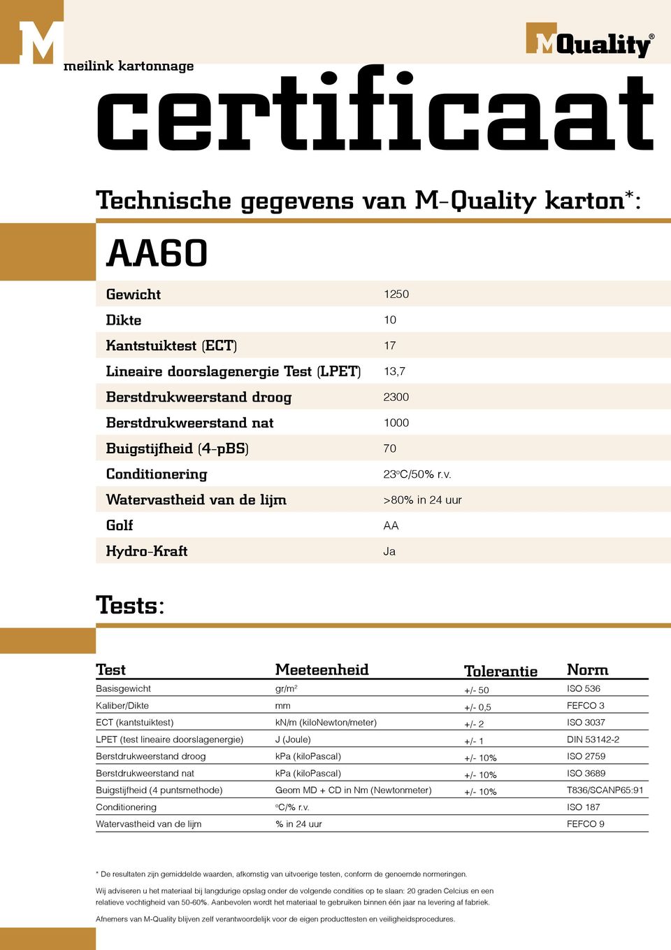 Tolerantie +/- 50 Norm ISO 536 Kaliber/Dikte mm +/- 0,5 FEFCO 3 ECT (kantstuiktest) kn/m (kilonewton/meter) +/- 2 ISO 3037 LPET (test lineaire doorslagenergie) J (Joule) +/- 1 DIN 53142-2 ISO 2759