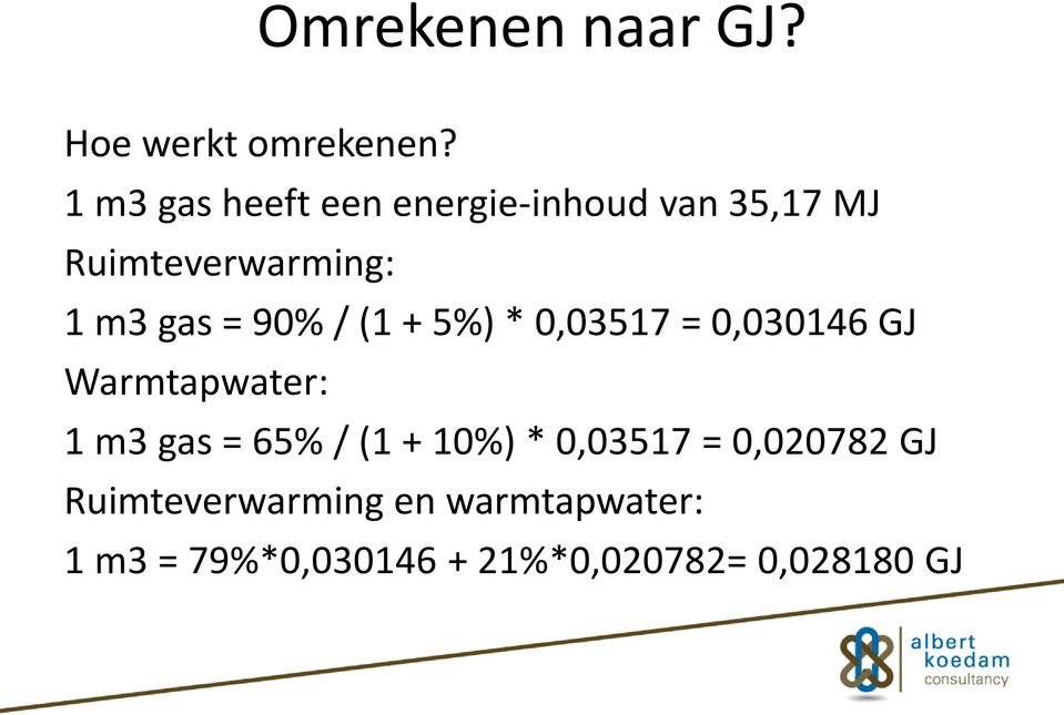 90% / (1 + 5%) * 0,03517 = 0,030146 GJ Warmtapwater: 1 m3 gas = 65% / (1 +