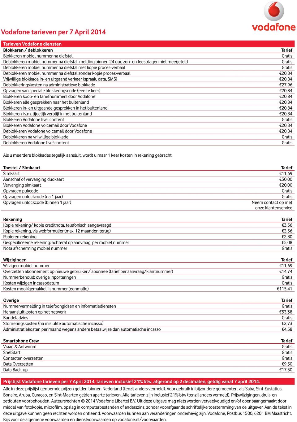 verkeer (spraak, data, ) 20,84 Deblokkeringskosten na administratieve blokkade 27,96 Opvragen van speciale blokkeringscode (eerste keer) 20,84 Blokkeren koop- en tariefnummers door Vodafone 20,84