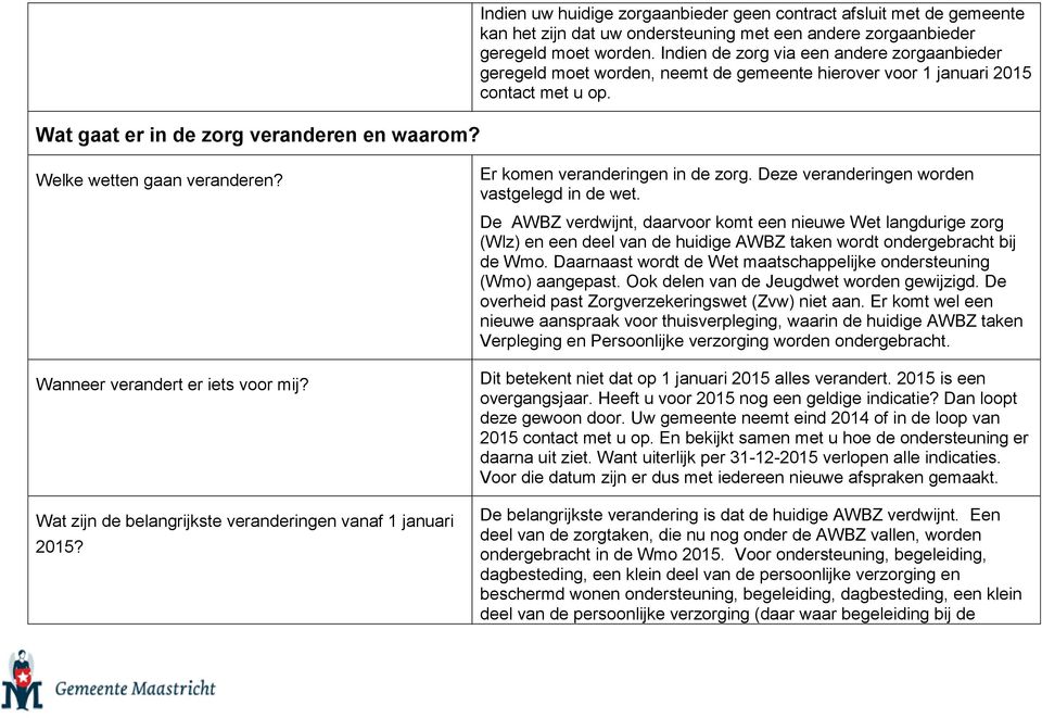 Wat zijn de belangrijkste veranderingen vanaf 1 januari 2015? Er komen veranderingen in de zorg. Deze veranderingen worden vastgelegd in de wet.