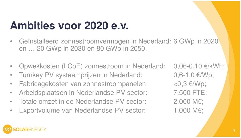/Wp; Fabricagekosten van zonnestroompanelen: <0,3 /Wp; Arbeidsplaatsen in Nederlandse PV sector: 7.