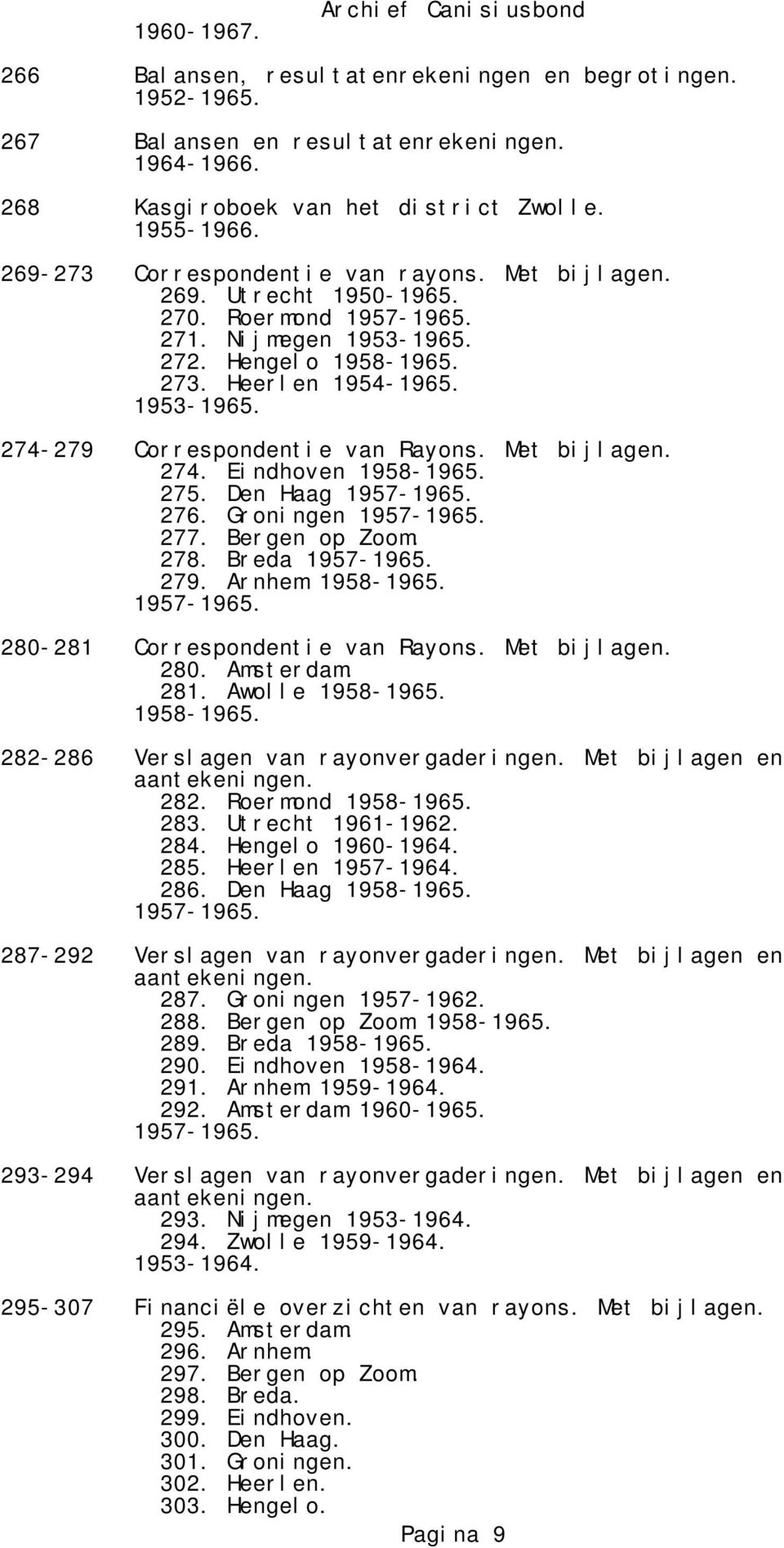 Met bijlagen. 274. Eindhoven 1958-1965. 275. Den Haag 1957-1965. 276. Groningen 1957-1965. 277. Bergen op Zoom. 278. Breda 1957-1965. 279. Arnhem 1958-1965. 1957-1965. 280-281 Correspondentie van Rayons.