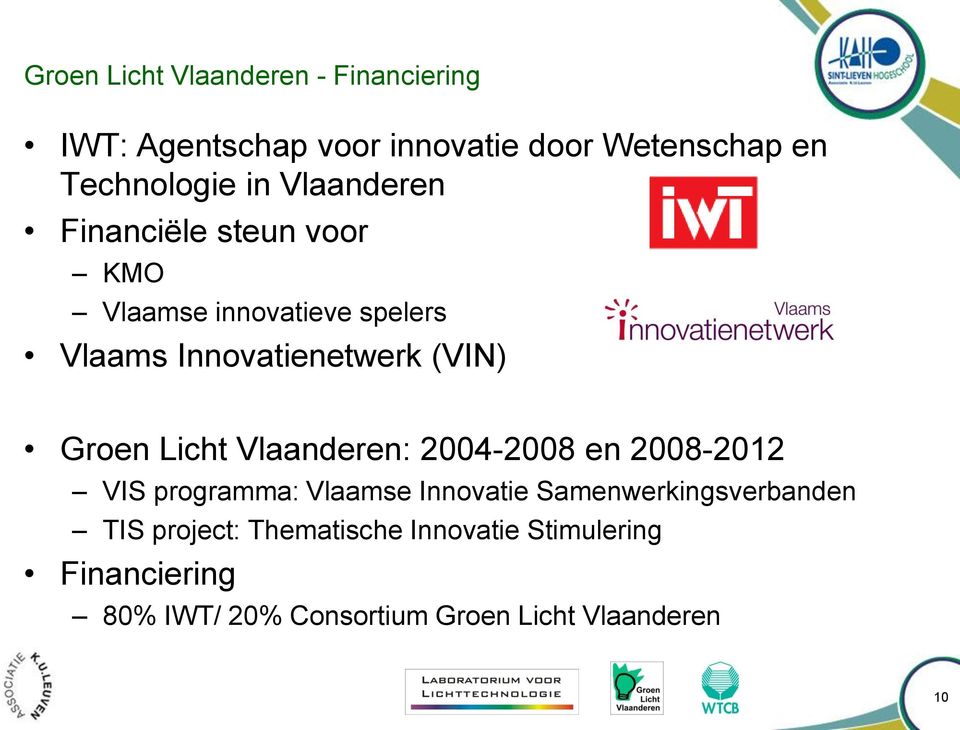 Licht Vlaanderen: 2004-2008 en 2008-2012 VIS programma: Vlaamse Innovatie Samenwerkingsverbanden TIS