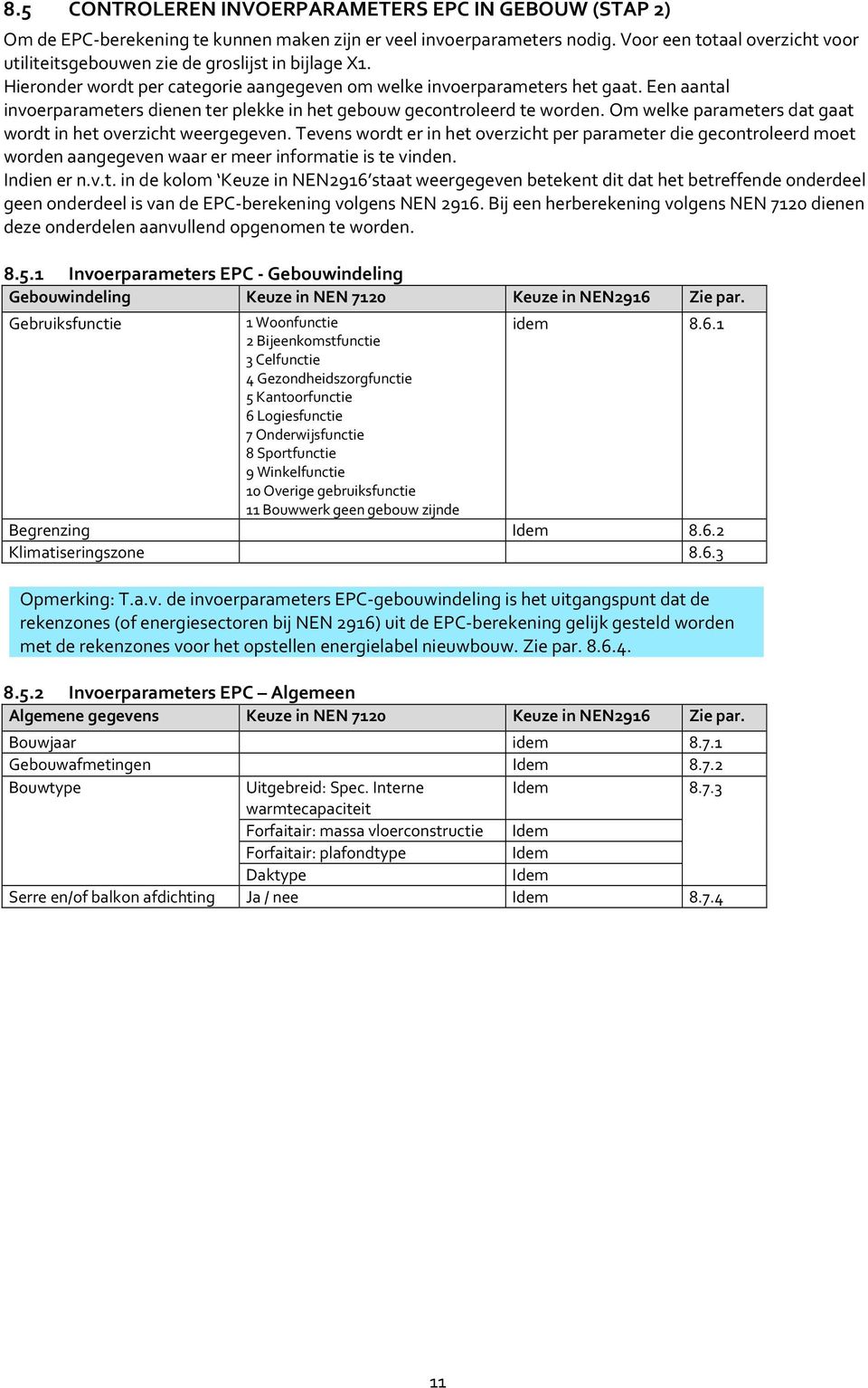 Een aantal invoerparameters dienen ter plekke in het gebouw gecontroleerd te worden. Om welke parameters dat gaat wordt in het overzicht weergegeven.