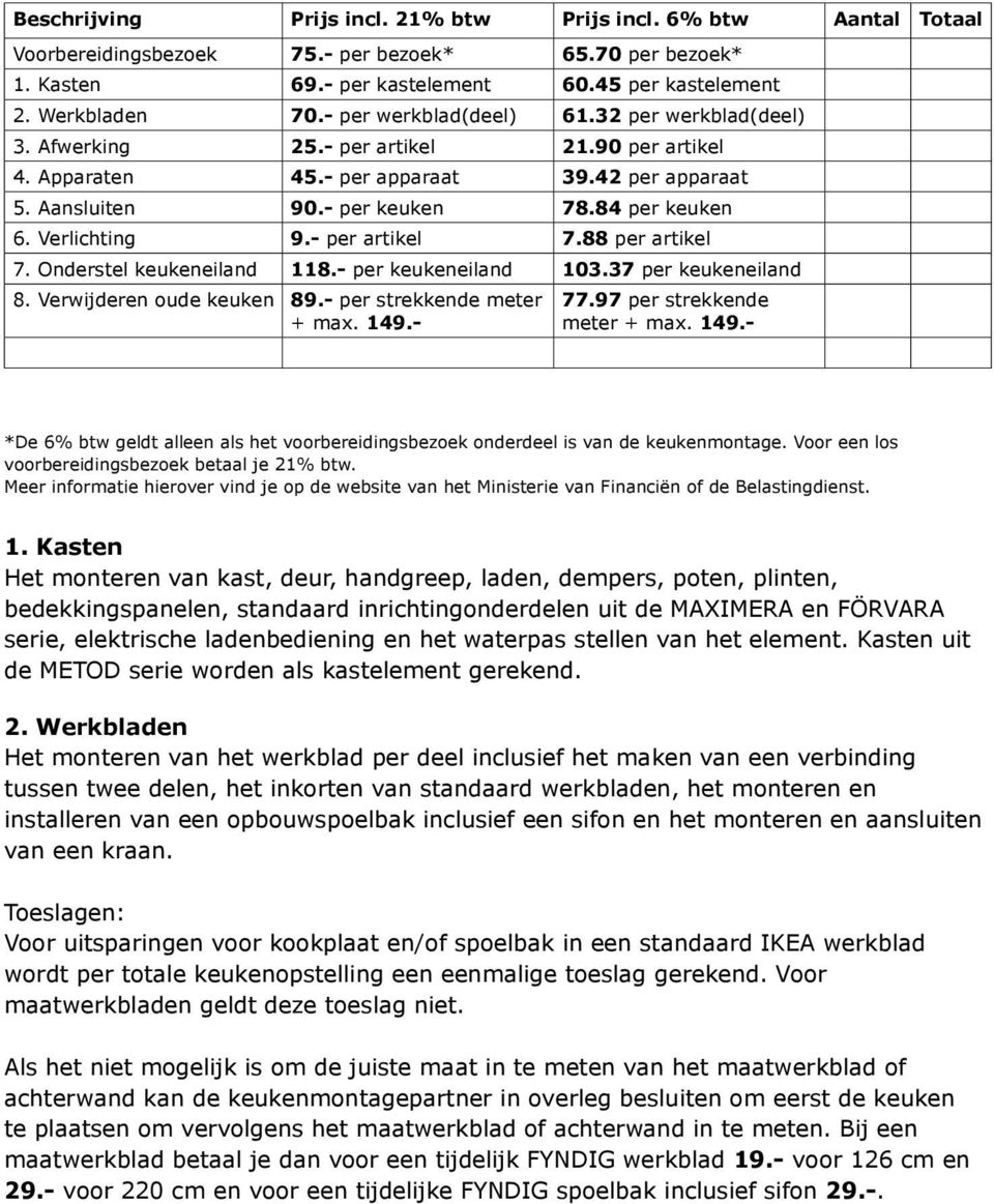 Verlichting 9.- per artikel 7.88 per artikel 7. Onderstel keukeneiland 118.- per keukeneiland 103.37 per keukeneiland 8. Verwijderen oude keuken 89.- per strekkende meter + max. 149.- 77.