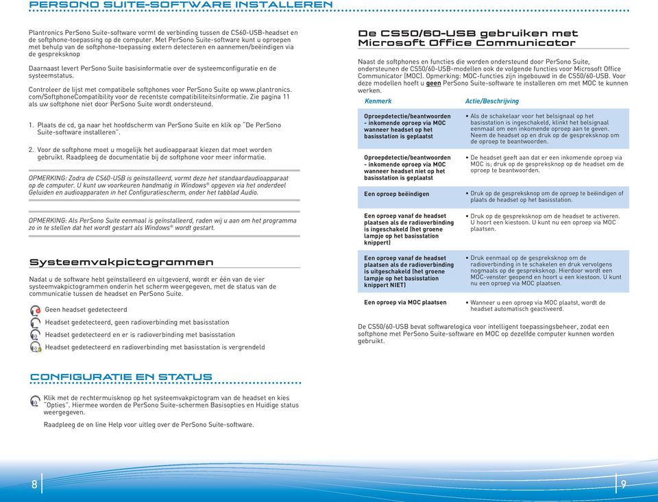systeemconfiguratie en de systeemstatus. Controleer de lijst met compatibele softphones voor PerSono Suite op www.plantronics. com/softphonecompatibility voor de recentste compatibiliteitsinformatie.