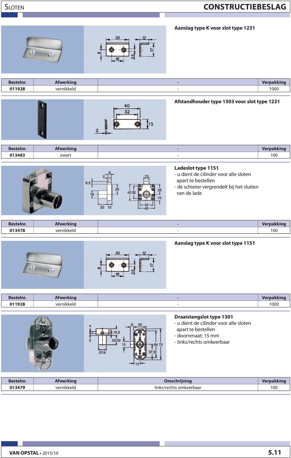 100 Aanslag type K voor slot type 1151 011928 vernikkeld - 1000 Draaistangslot type 1301 - u dient de cilinder voor alle sloten apart te bestellen -