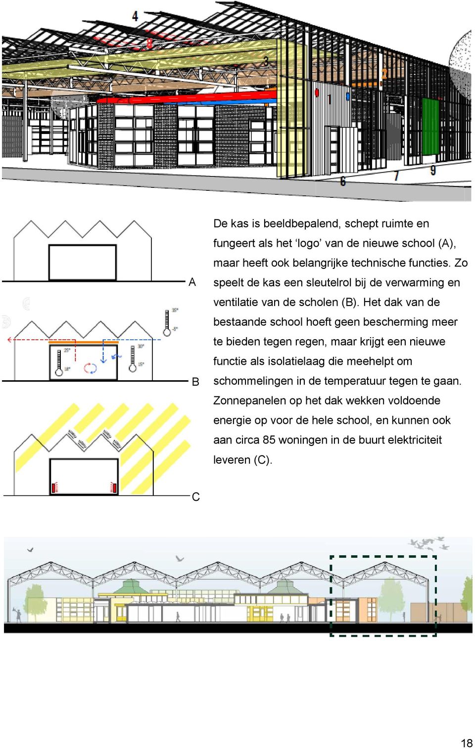 Het dak van de bestaande school hoeft geen bescherming meer te bieden tegen regen, maar krijgt een nieuwe functie als isolatielaag die