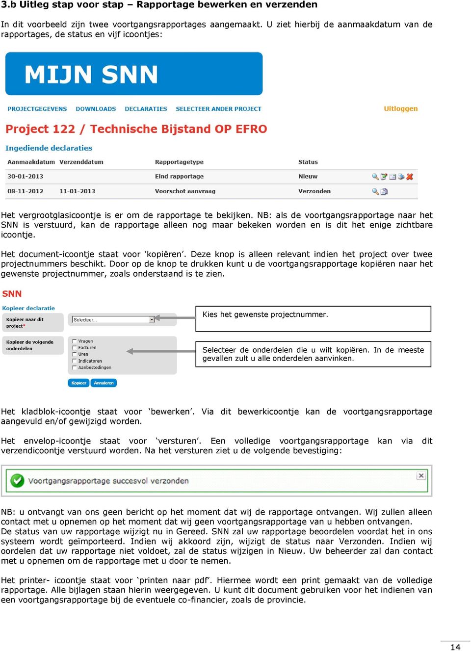 NB: als de voortgangsrapportage naar het SNN is verstuurd, kan de rapportage alleen nog maar bekeken worden en is dit het enige zichtbare icoontje. Het document-icoontje staat voor kopiëren.