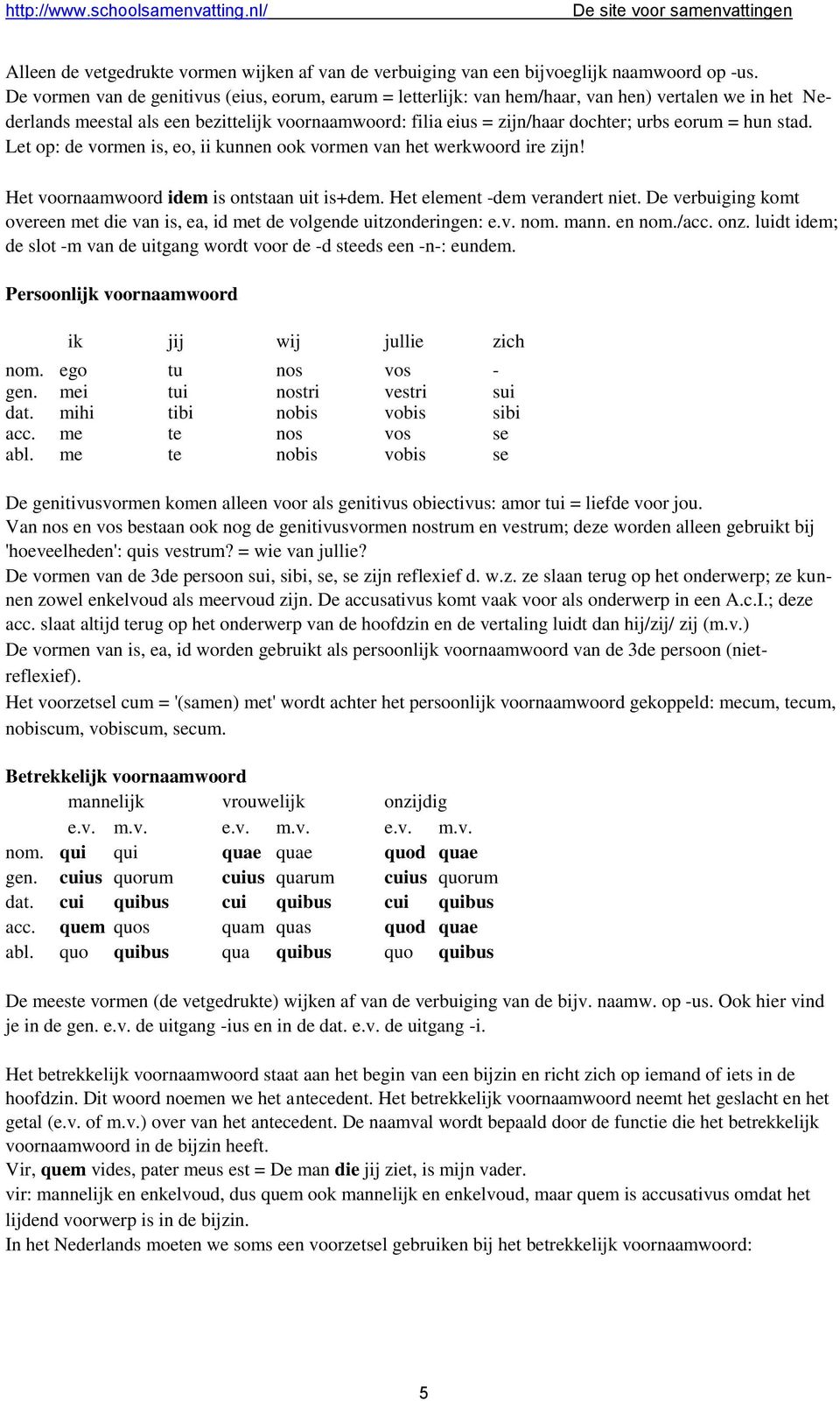 = hun stad. Let op: de vormen is, eo, ii kunnen ook vormen van het werkwoord ire zijn! Het voornaamwoord idem is ontstaan uit is+dem. Het element -dem verandert niet.