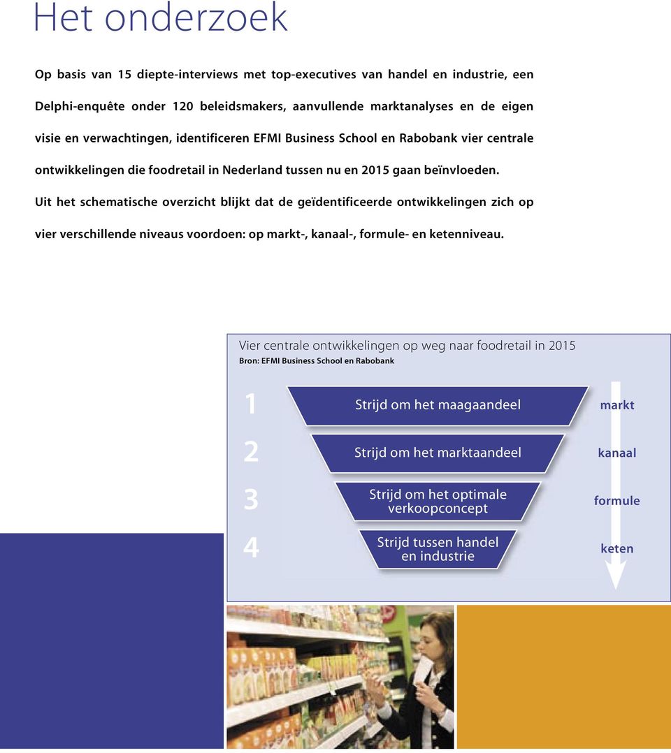 Uit het schematische overzicht blijkt dat de geïdentificeerde ontwikkelingen zich op vier verschillende niveaus voordoen: op markt-, kanaal-, formule- en ketenniveau.